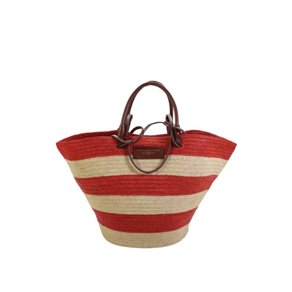 La Maroquinerie Sezane Womens Straw Beach Tote Shoulder Handbag Beige Red